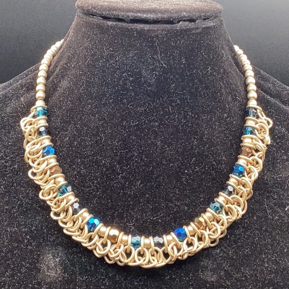 Vintage goldtone and blue glass/aurora borealis bead necklace.